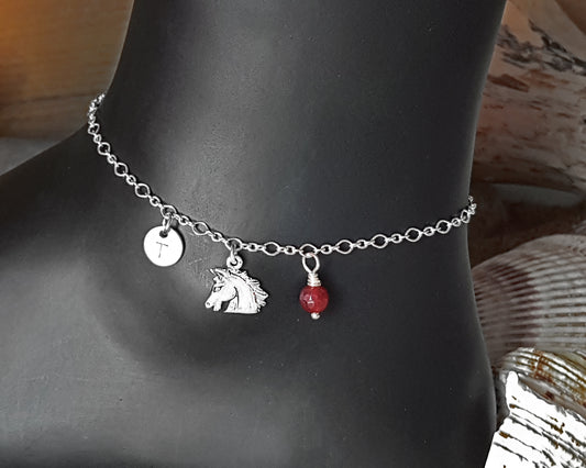 Personalized Horse Lover Initial, Birthstone, Eternity Anklet-Ankle Bracelet