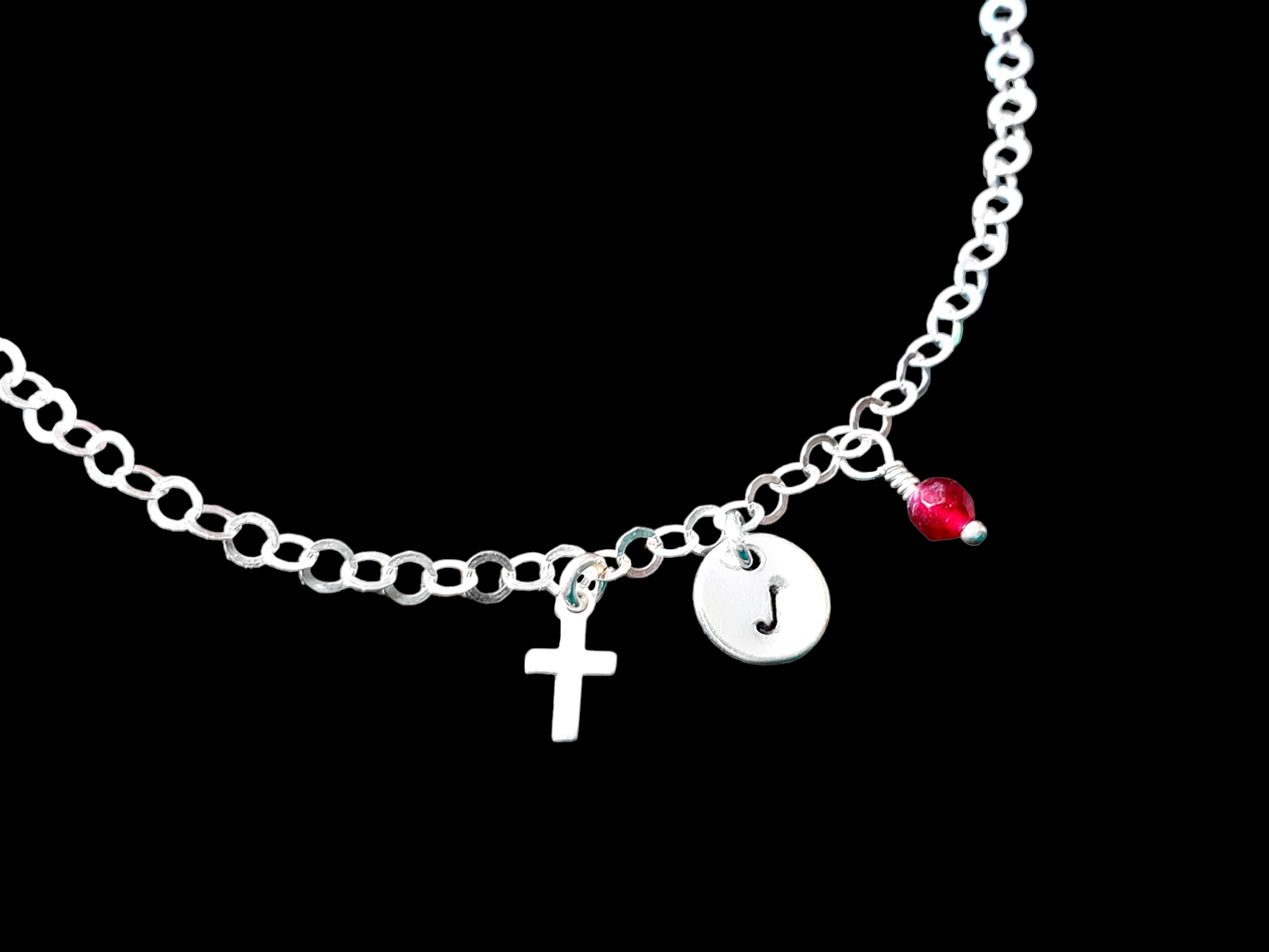 Personalized Cross, Eternity, Birthstone, Initial Anklet-Ankle Bracelet with a Small Cross, Initial pendant, Birthstone and Celtic Eternity Coil dangle on sparkly chain