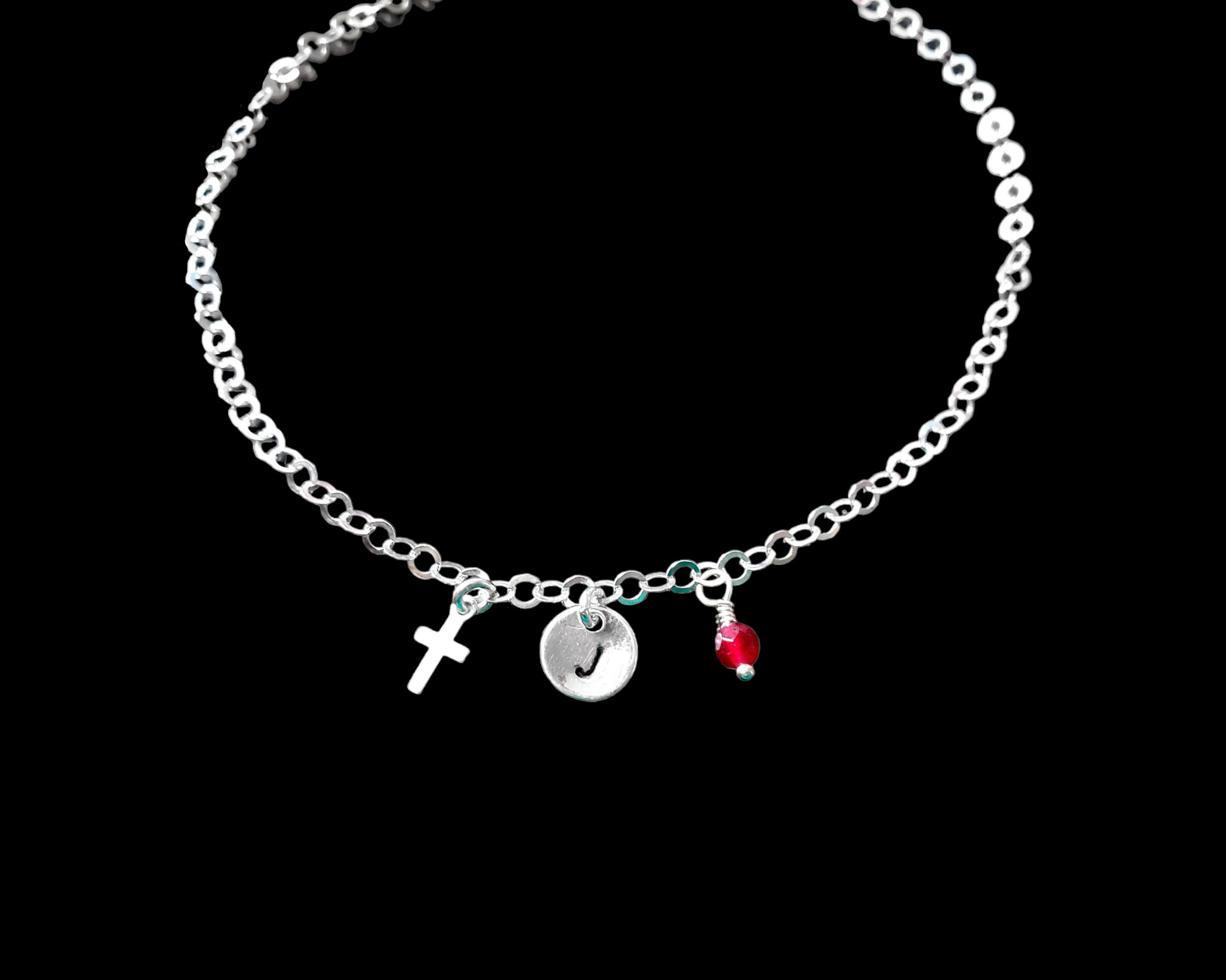 Personalized Cross, Eternity, Birthstone, Initial Anklet-Ankle Bracelet with a Small Cross, Initial pendant, Birthstone and Celtic Eternity Coil dangle on sparkly chain