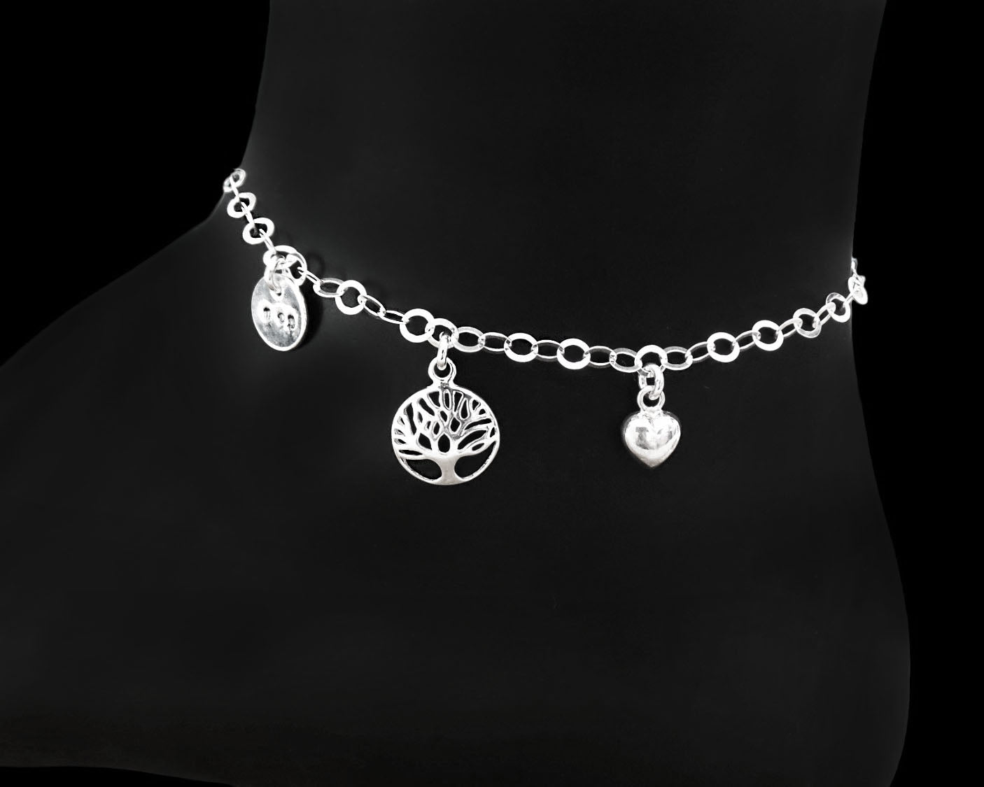 Mother Tree of Life, Heart, Mom Ankle Bracelet / Anklet, Sterling Silver Chain anklet with Tree of Life and Heart Pendant featuring a hand stamped MOM pendant