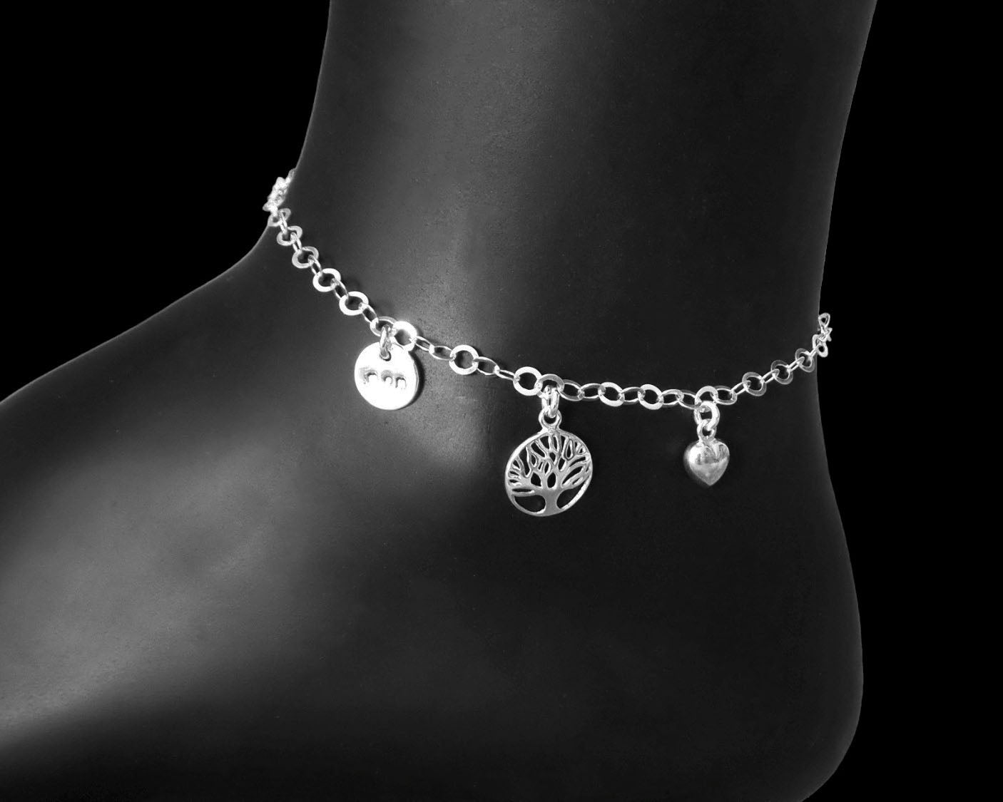 Mother Tree of Life, Heart, Mom Ankle Bracelet / Anklet, Sterling Silver Chain anklet with Tree of Life and Heart Pendant featuring a hand stamped MOM pendant