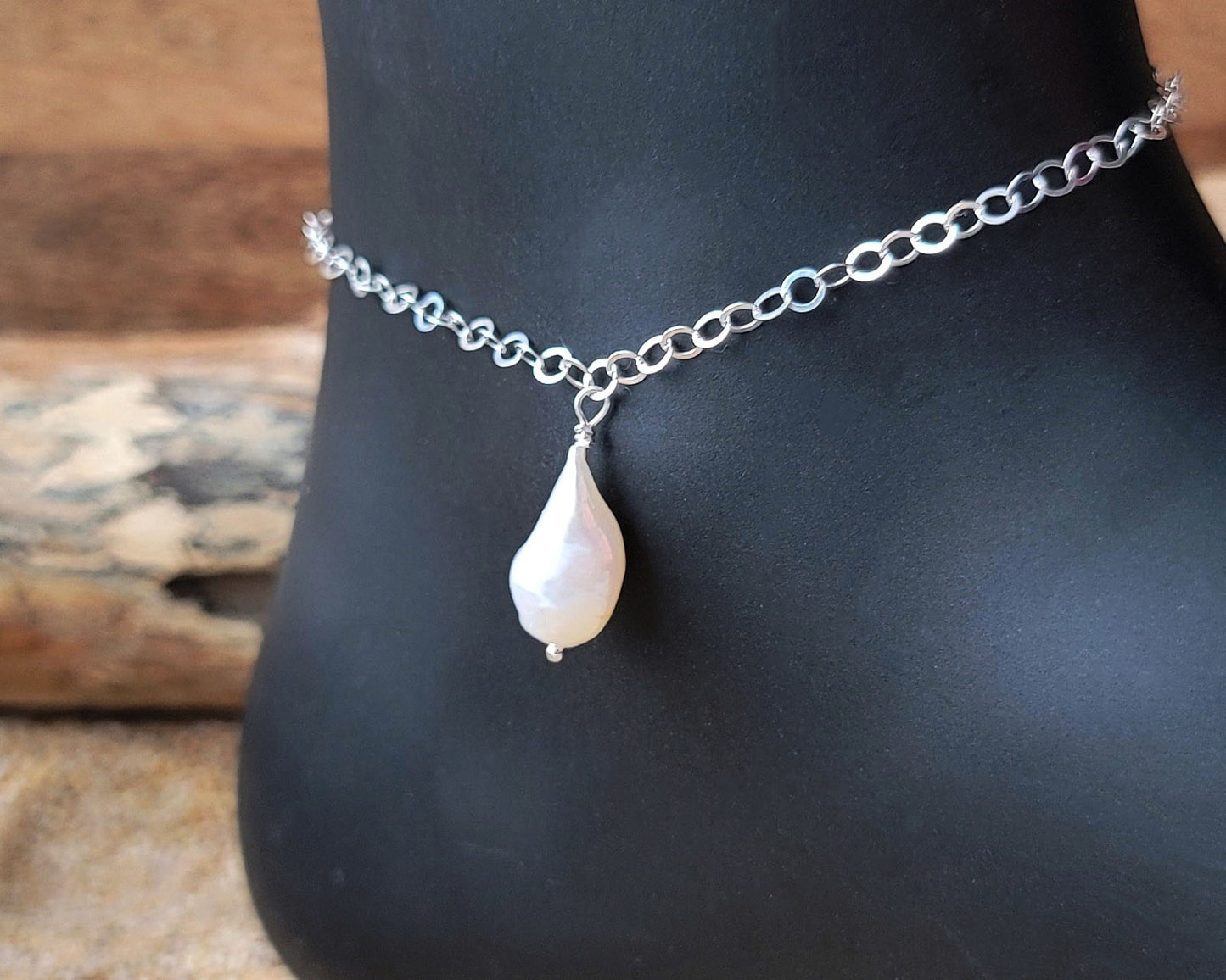 Large Baroque Pearl Dangle Anklet, Ankle Bracelet with dangling Large Freshwater Cultured Pearl on sparkly chain.