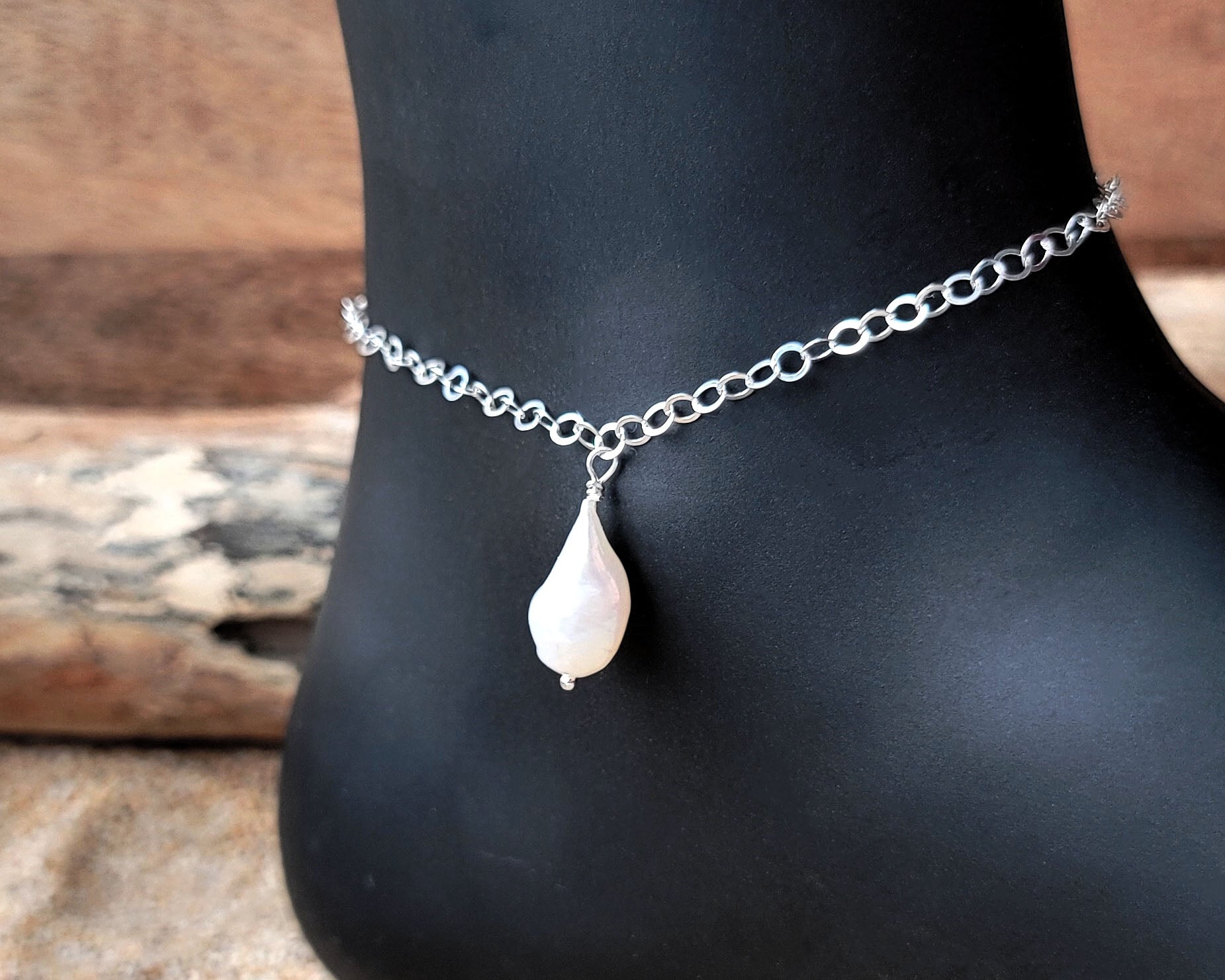 Large Baroque Pearl Dangle Anklet, Ankle Bracelet with dangling Large Freshwater Cultured Pearl on sparkly chain.