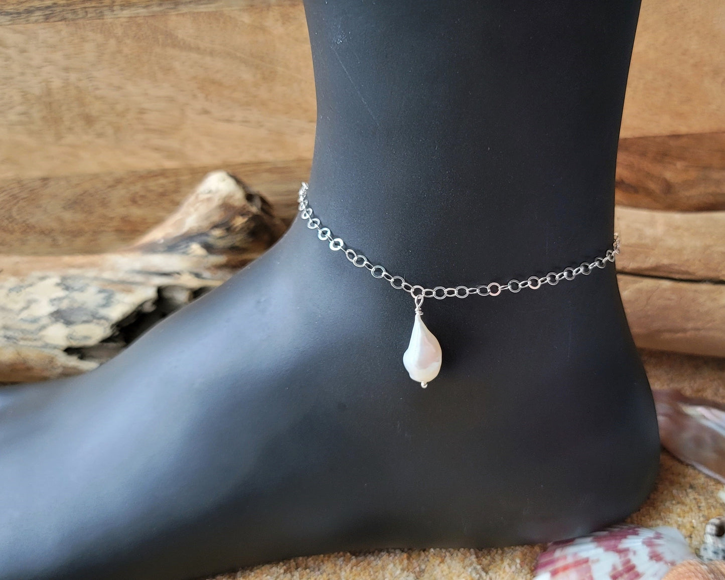 Large Baroque Pearl Dangle Anklet, Ankle Bracelet with dangling Large Freshwater Cultured Pearl on sparkly chain.