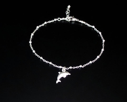 Silver Dolphin Anklet, Ankle Bracelet with Dolphin Pendant on Satellite Chain, Lobster Claw Clasp and Extension chain on black background 