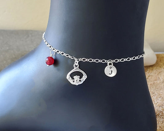 Personalized Claddagh Ankle Bracelet /Anklet with Birthstone & Initial pendants dangling from flat figaro chain