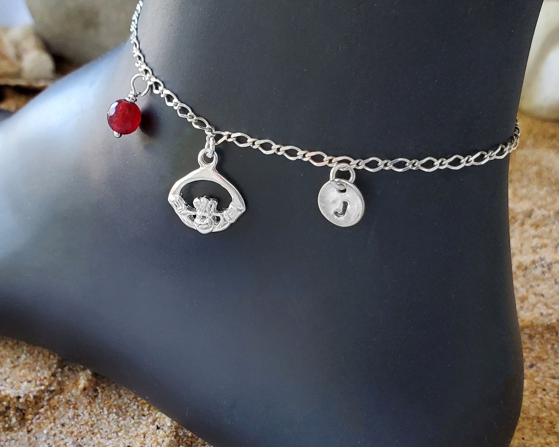 Personalized Claddagh Ankle Bracelet /Anklet with Birthstone & Initial pendants dangling from flat figaro chain
