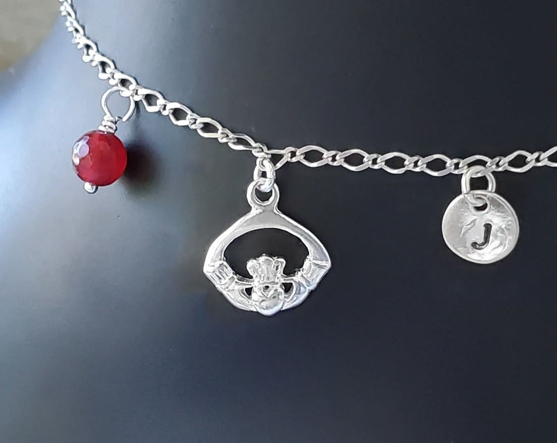 Personalized Claddagh Initial Birthstone Ankle Bracelet-Anklet