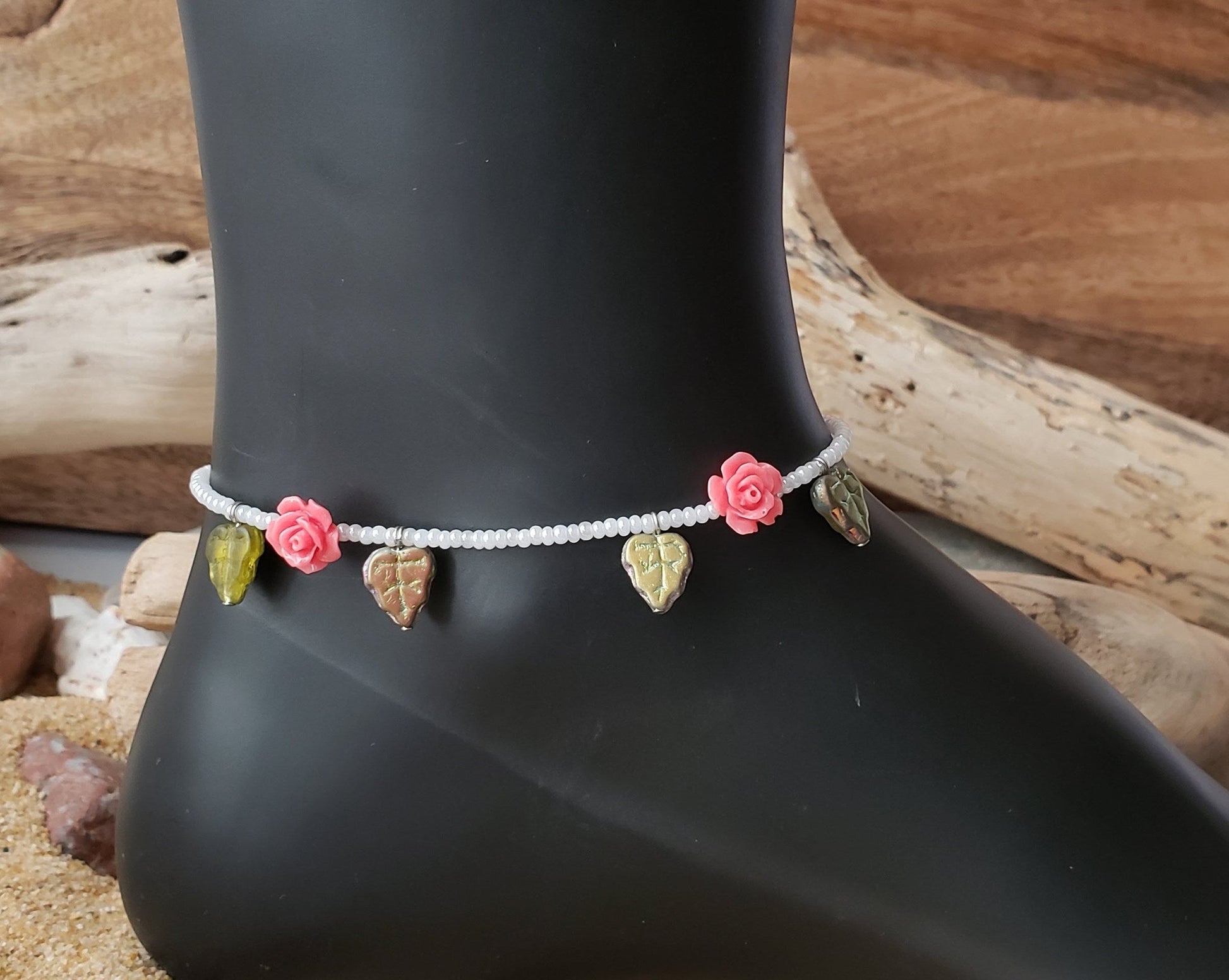 Rose Garden Anklet, Ankle Bracelet, Beaded Anklet with Pink Flowers, Green Leafs, pearlized white seed beads