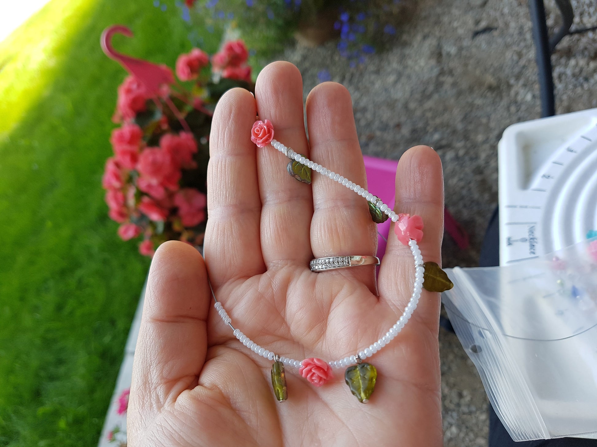 Rose Garden Anklet, Ankle Bracelet, Beaded Anklet with Pink Flowers, Green Leafs, pearlized white seed beads