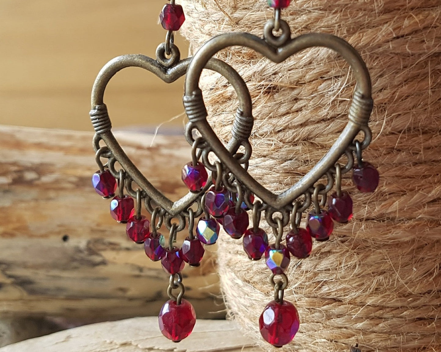 Garnet Sparkle Chandelier Heart Statement Earrings-Handcrafted Vintage Inspired Bohemian Earrings 