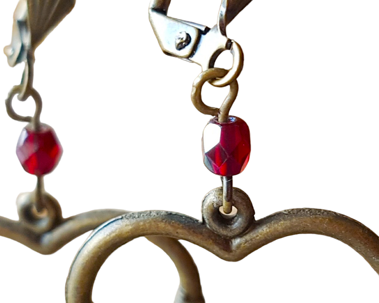 Large, Long Heart Hoop Earrings with Sparkly Deep Red Dangly Beads, Red AB with Antique Brass