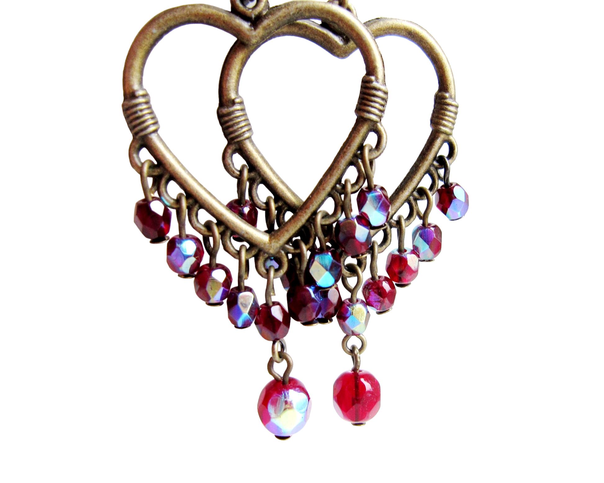 Large, Long Heart Hoop Earrings with Sparkly Deep Red Dangly Beads, Red AB with Antique Brass