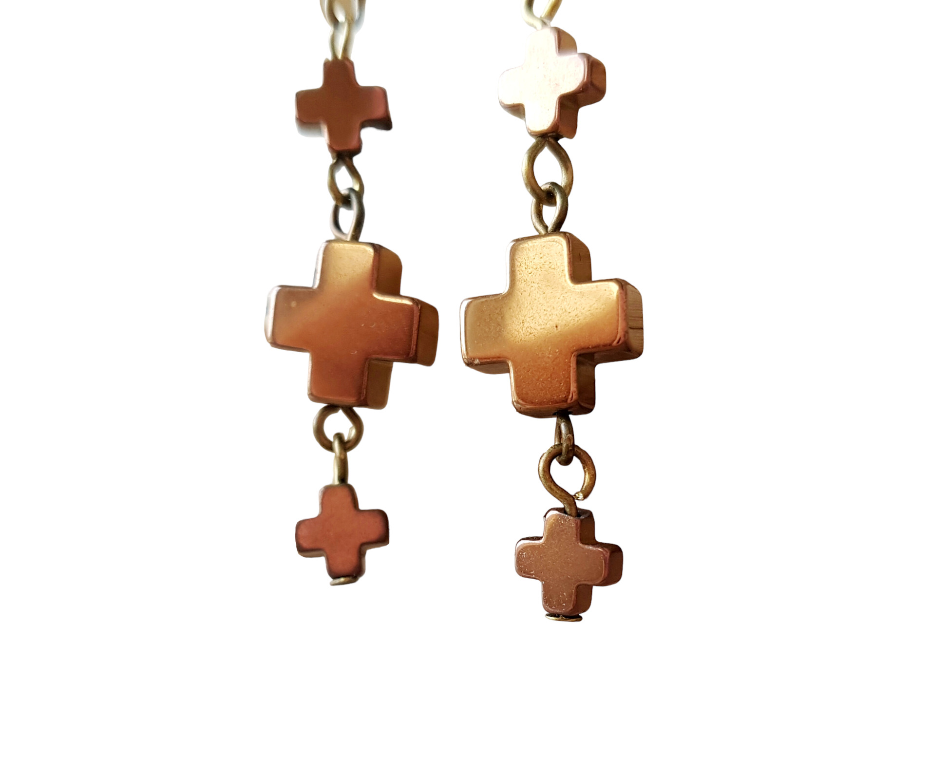 Bronze Hematite Cross Trinity Earrings, Bronze Hematite, Long Earrings made with three metallic bronze plated Hematite