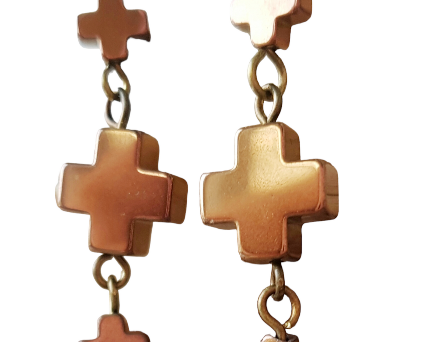 Bronze Hematite Cross Trinity Earrings, Bronze Hematite, Long Earrings made with three metallic bronze plated Hematite