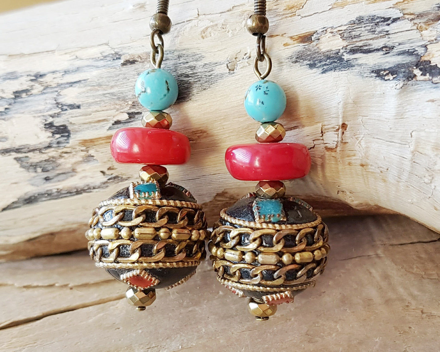 Long Boho Style Turquoise and Coral Dangle Earrings
