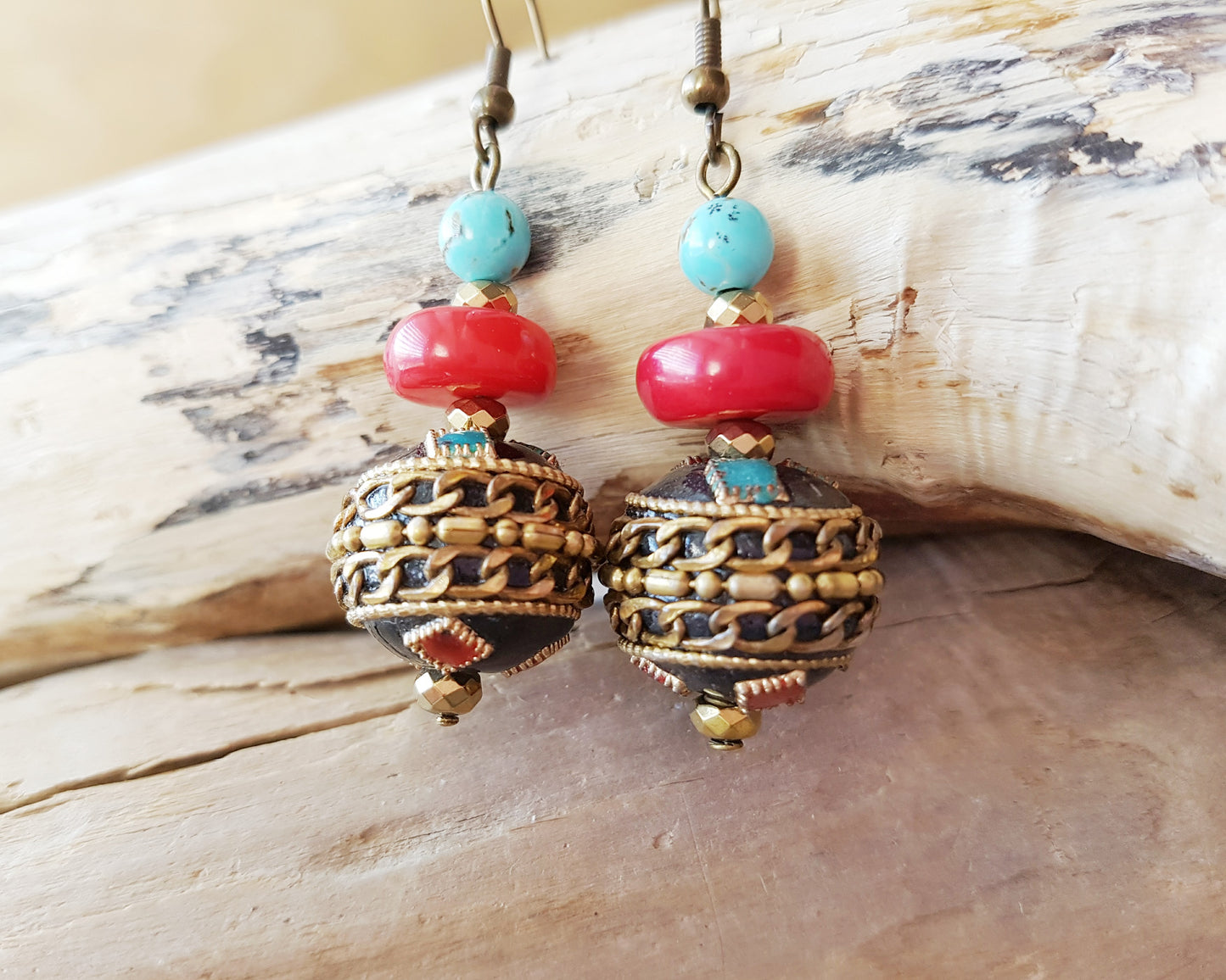 Long Boho Style Turquoise and Coral Dangle Earrings