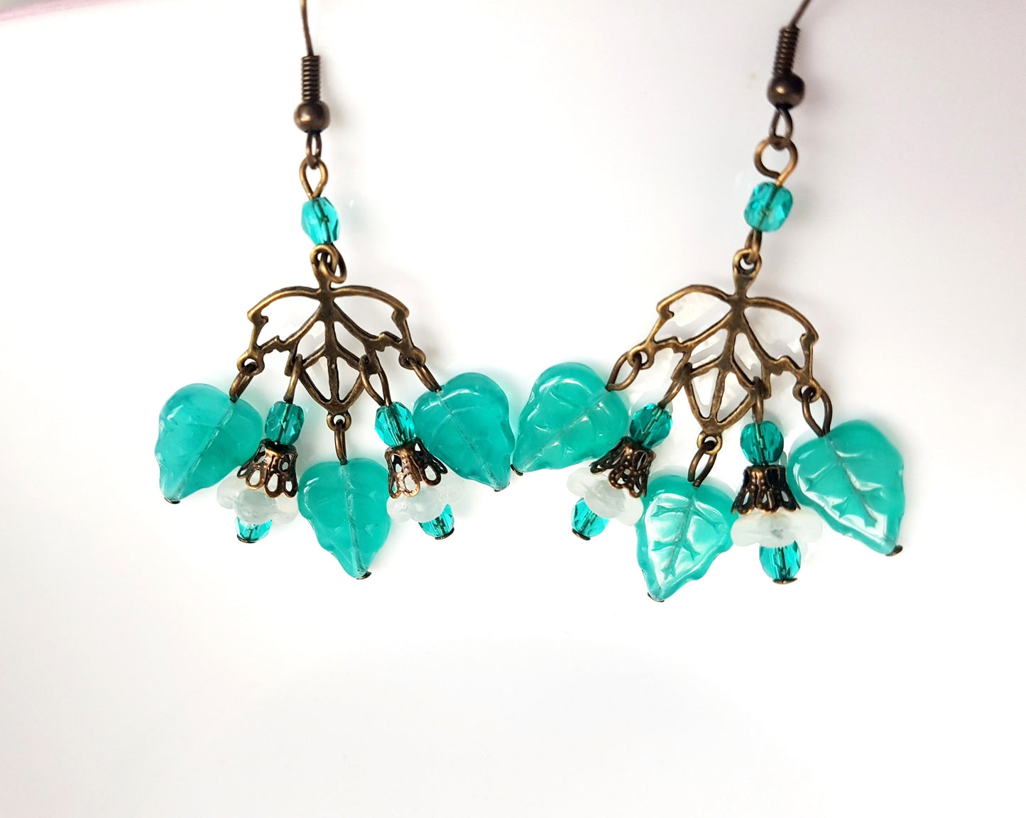 Vintage Style Leaf Chandelier Earrings, Glass Breen leaves and little white flowers on Antique Brass / Bronze color metal