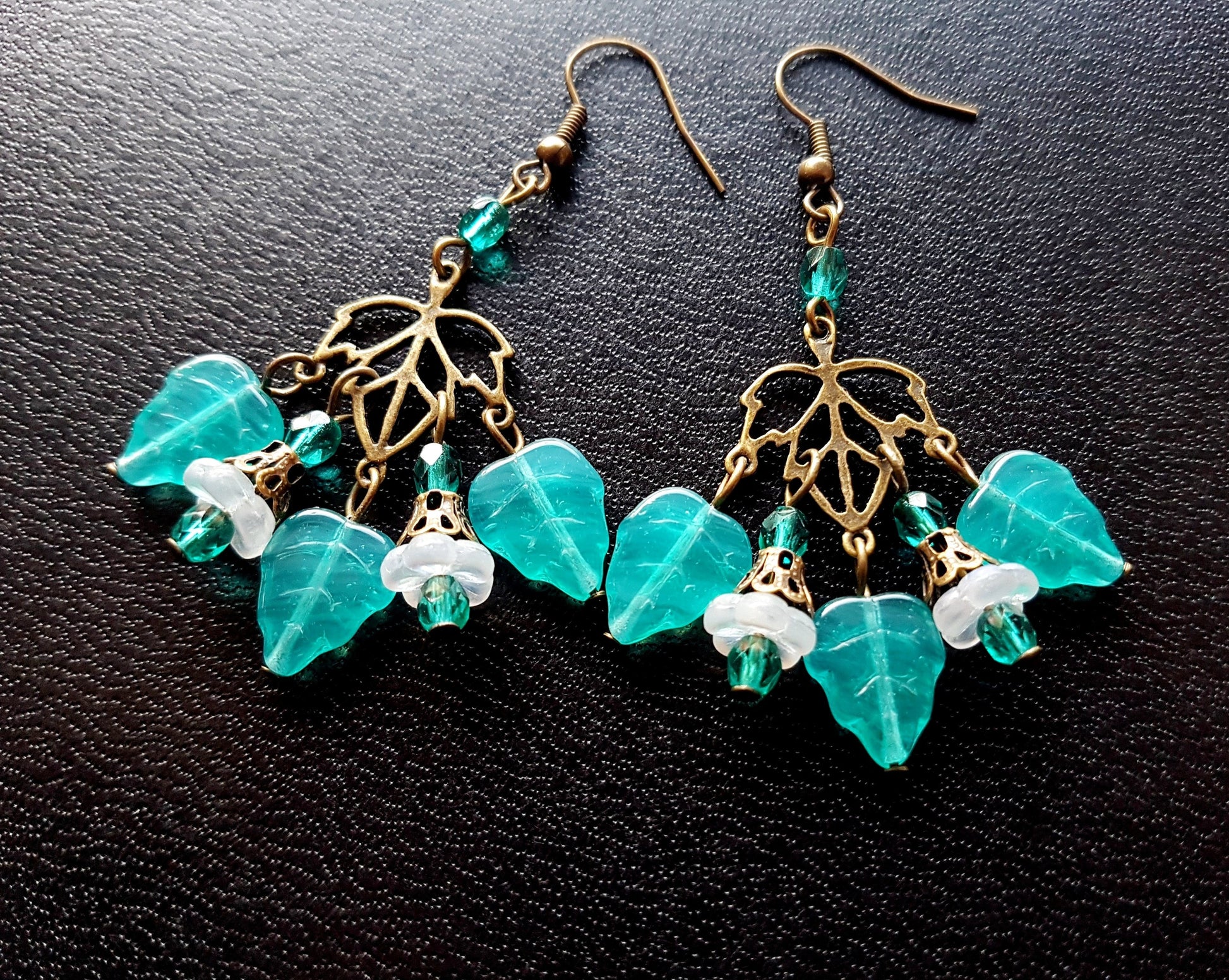 Vintage Style Leaf Chandelier Earrings, Glass Breen leaves and little white flowers on Antique Brass / Bronze color metal