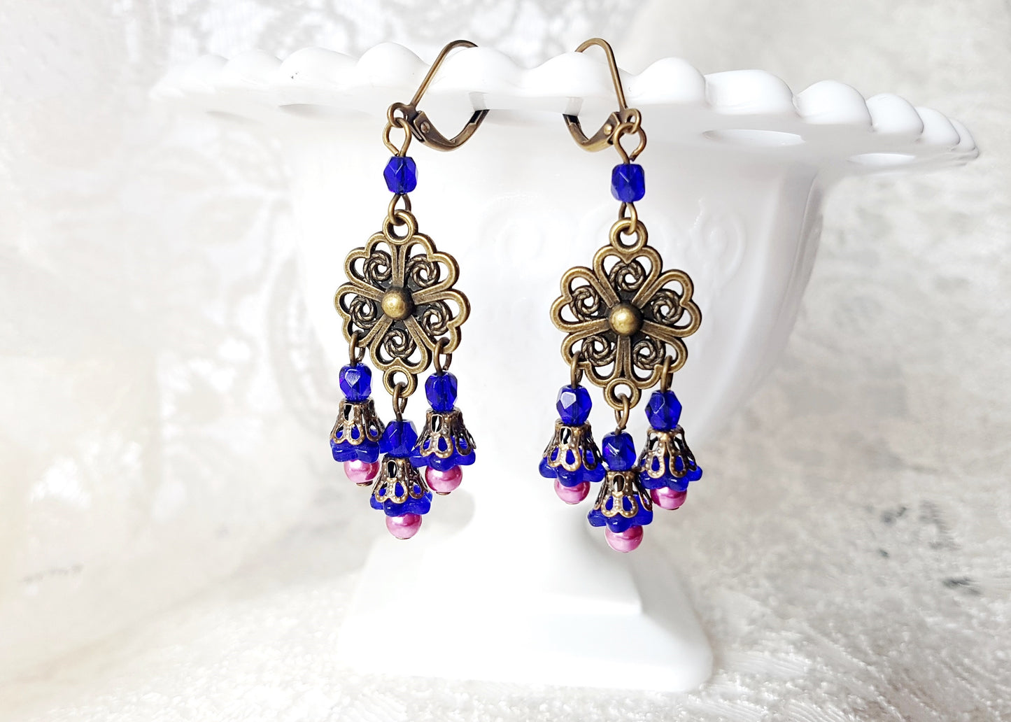 Vintage Blue Flower, Pink Pearl Long Chandelier Earrings, Deep Blue / Cobalt Blue/Sapphire Blue with Fuchsia Pink Pear Accents and Antique Brass/Bronze metal.
