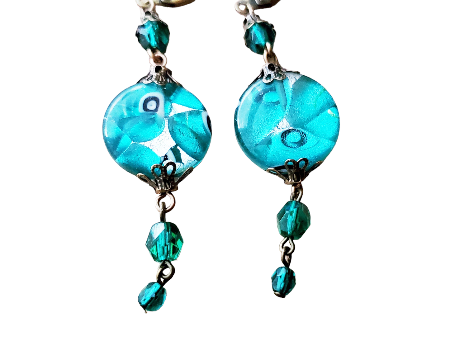Long Luminous Teal foil Glass Earrings with sparkly crystal glass beads with antiqued brass metal and leaver back earring hooks.