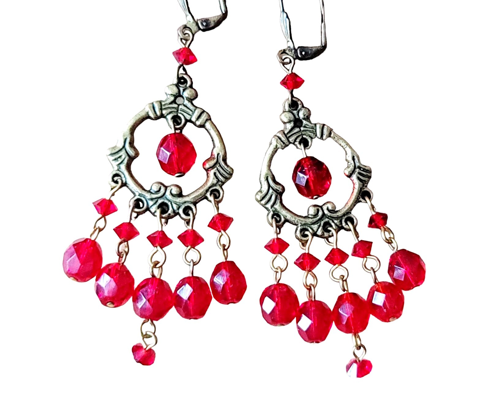 Long Ruby Red Crystal Chandelier Earrings on wood