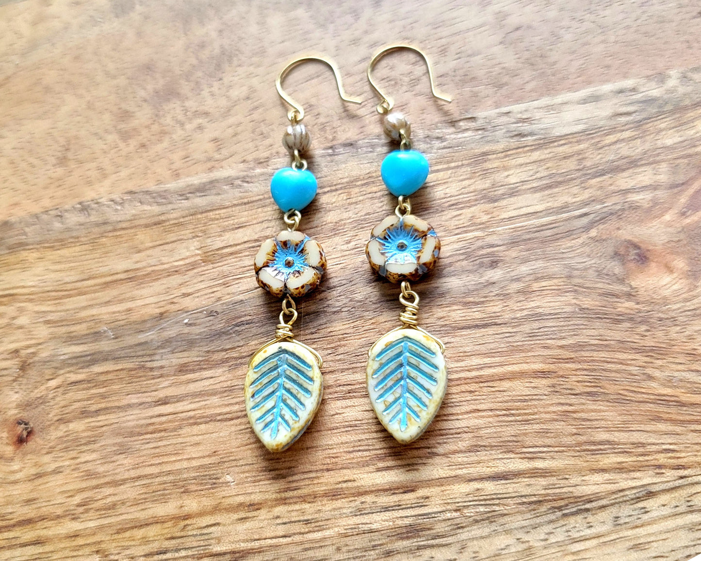 Long Turquoise Heart Flower & Leaf Dangle Brass Earrings