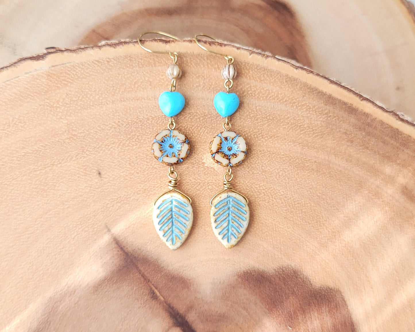 Long Turquoise Heart Flower & Leaf Dangle Brass Earrings