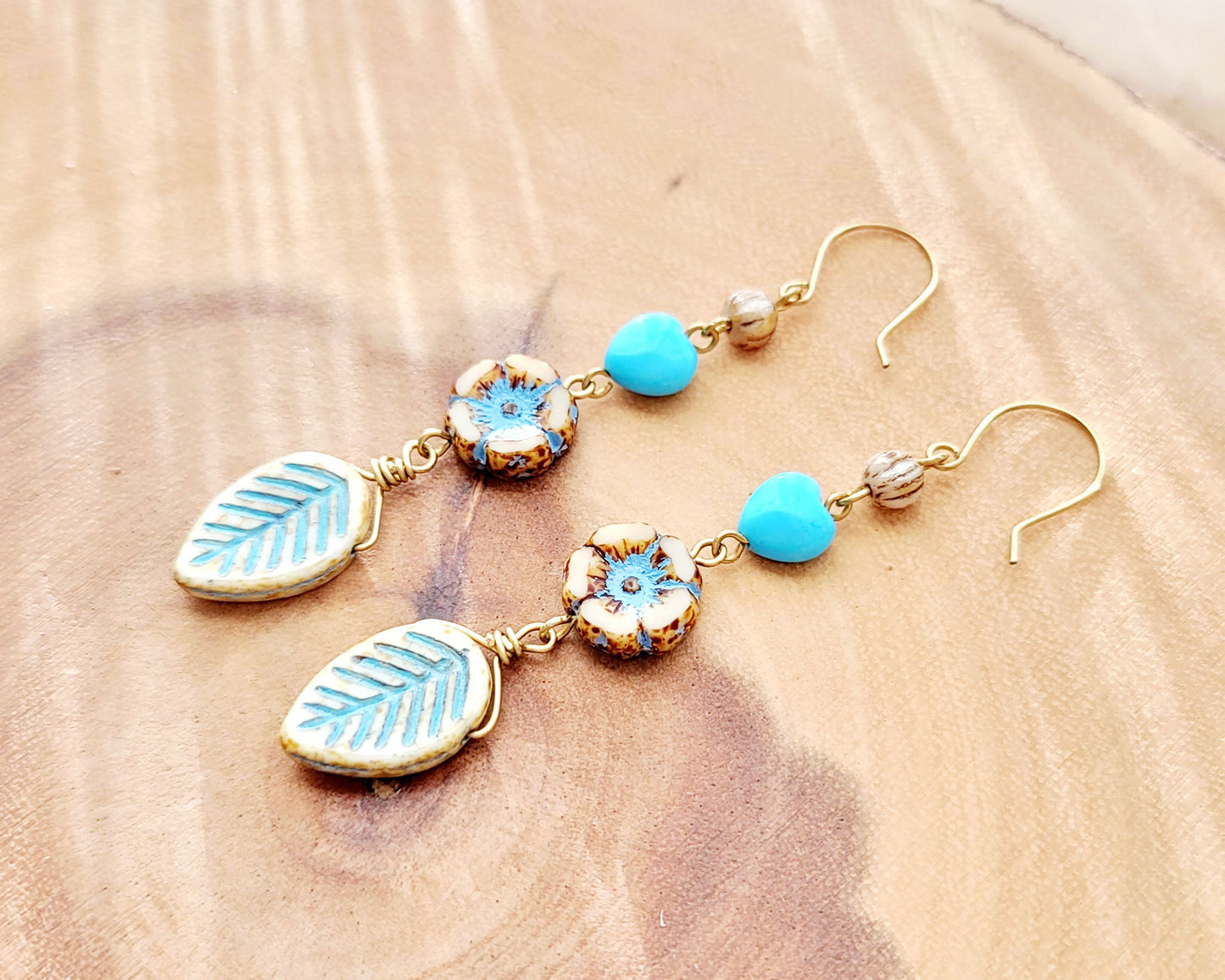 Long Turquoise Heart Flower & Leaf Dangle Brass Earrings