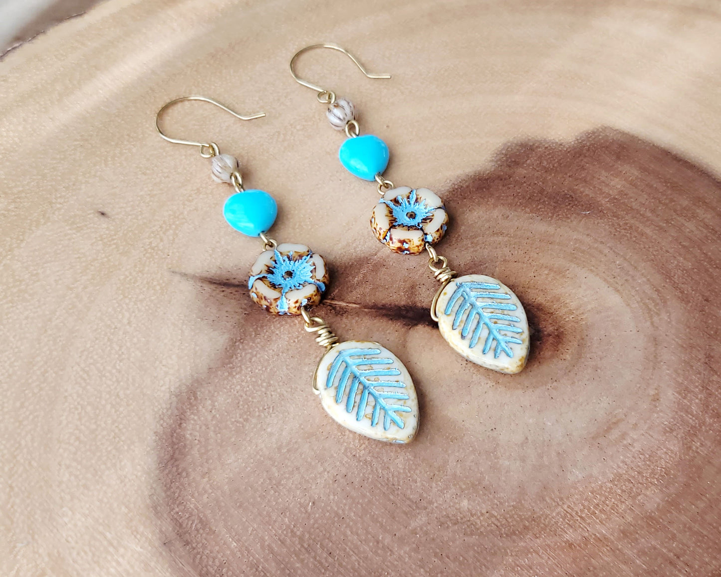 Long Turquoise Heart Flower & Leaf Dangle Brass Earrings