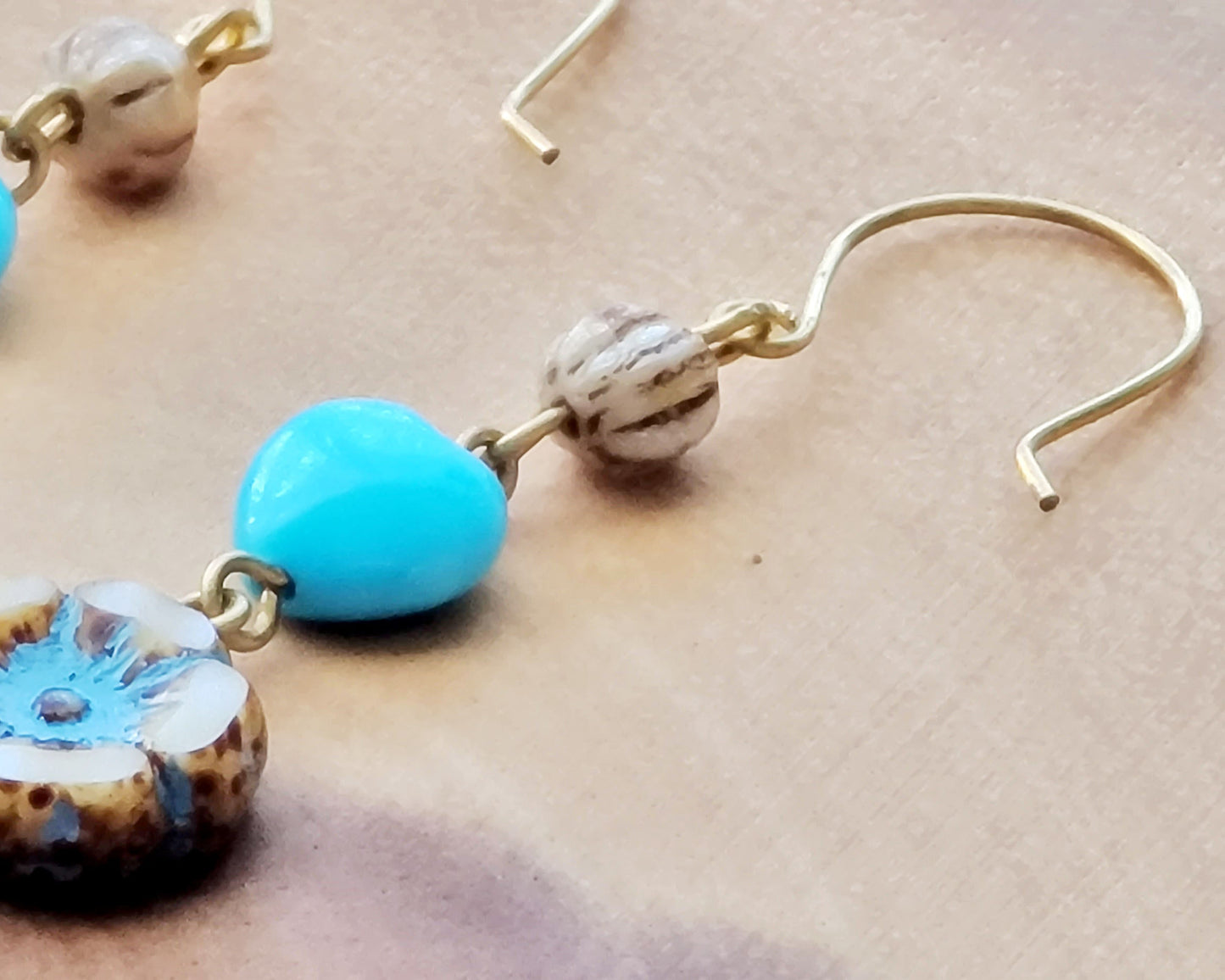 Long Turquoise Heart Flower & Leaf Dangle Brass Earrings