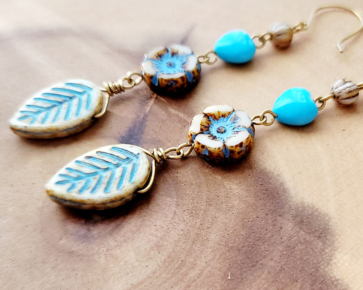 Long Turquoise Heart Flower & Leaf Dangle Brass Earrings