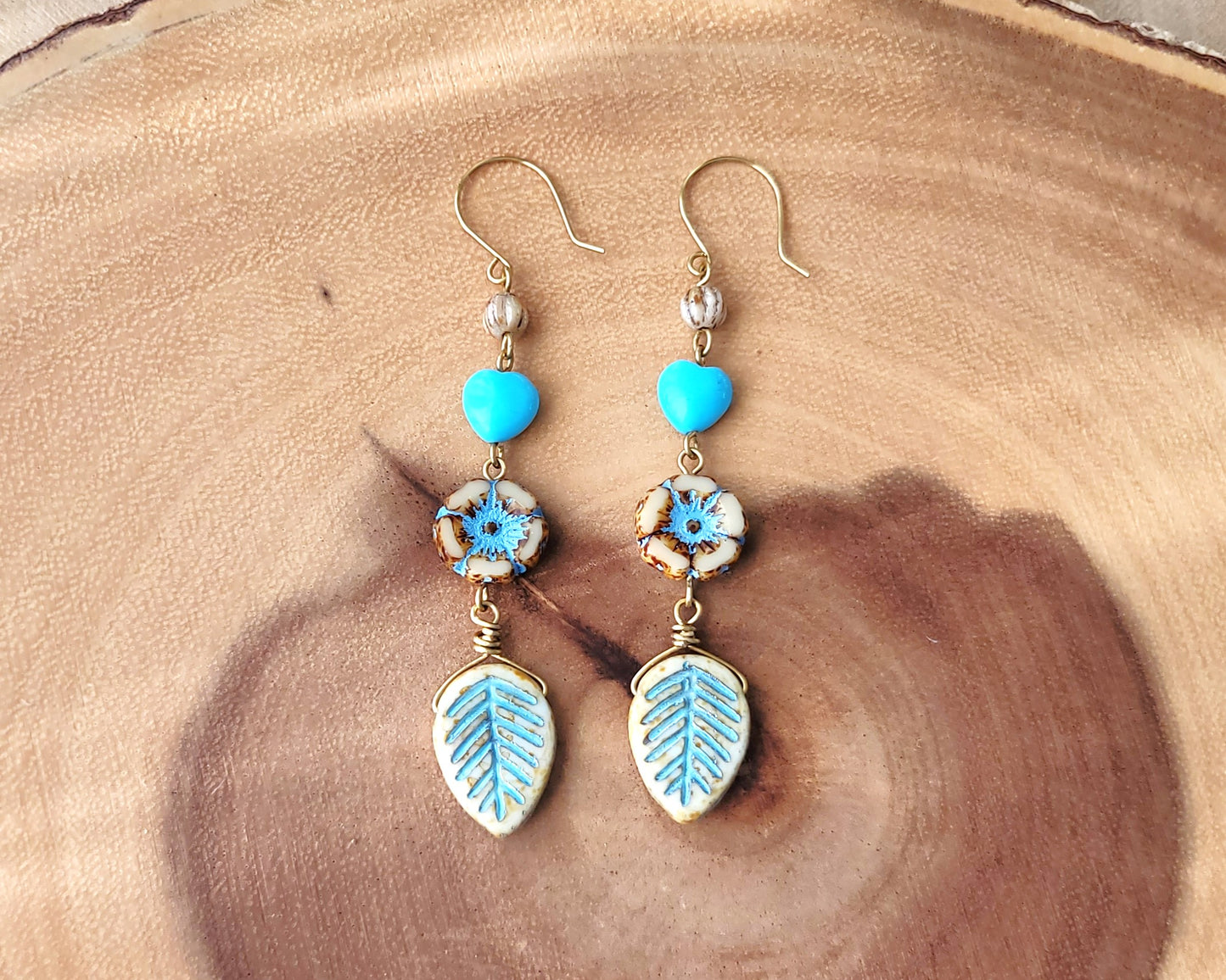 Long Turquoise Heart Flower & Leaf Dangle Brass Earrings