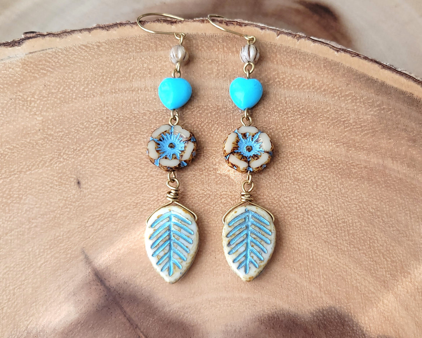 Long Turquoise Heart Flower & Leaf Dangle Brass Earrings
