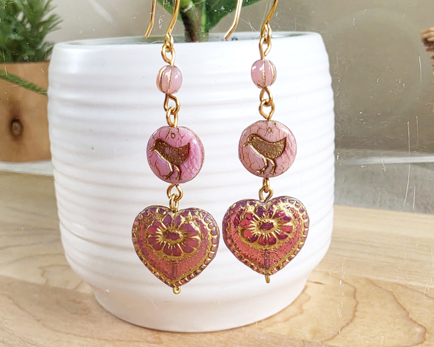 Long Pink Heart Rose Sparrow Earrings