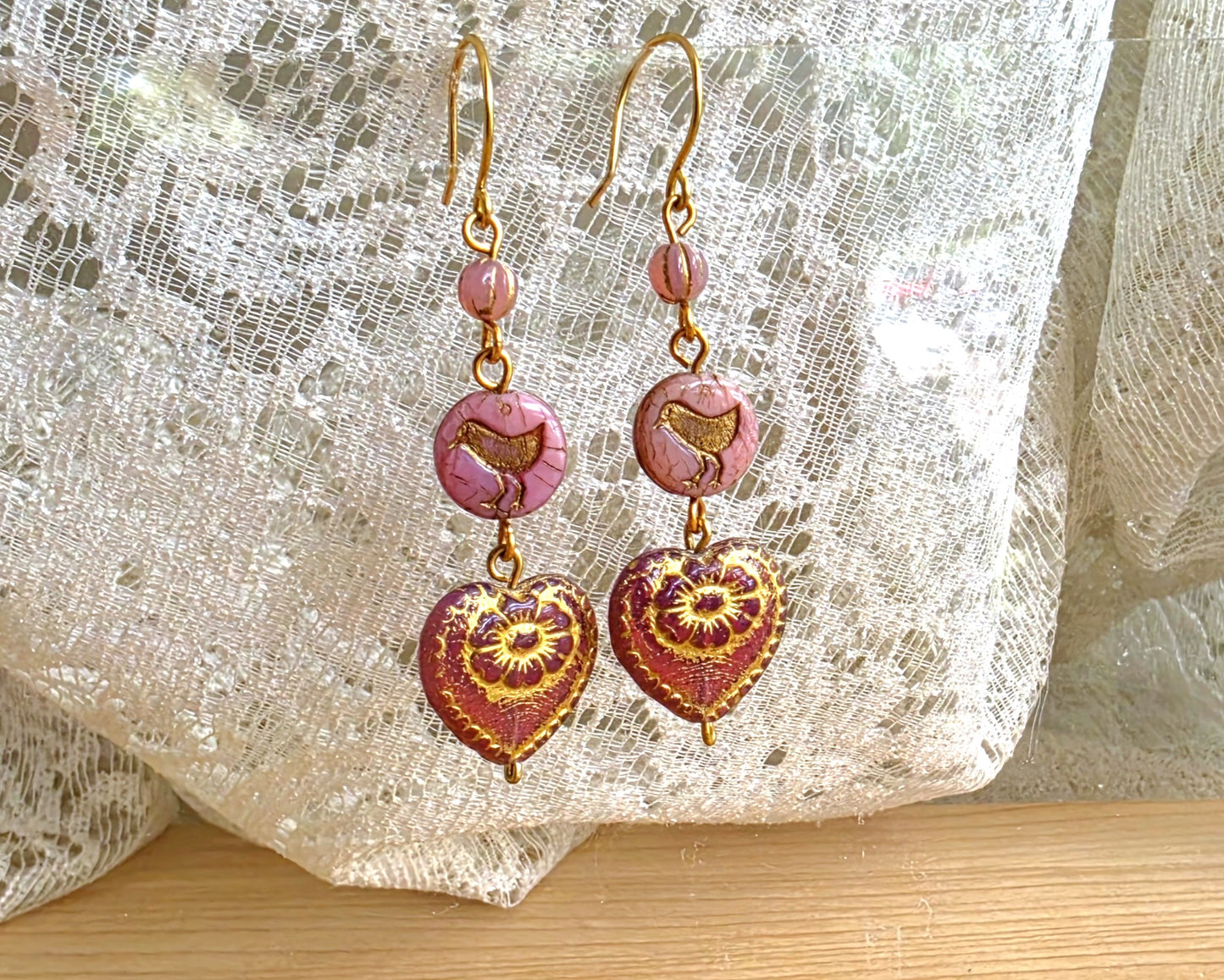 Long Pink Heart Rose Sparrow Earrings