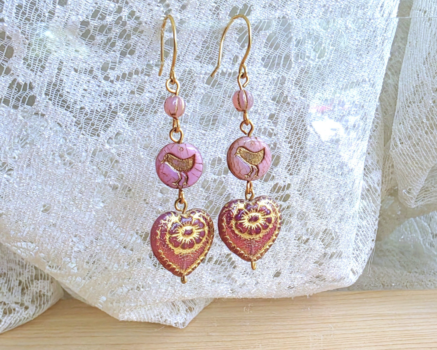 Long Pink Heart Rose Sparrow Earrings