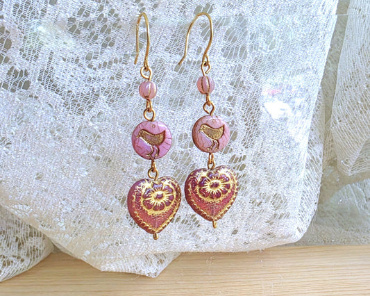 Long Pink Heart Rose Sparrow Earrings