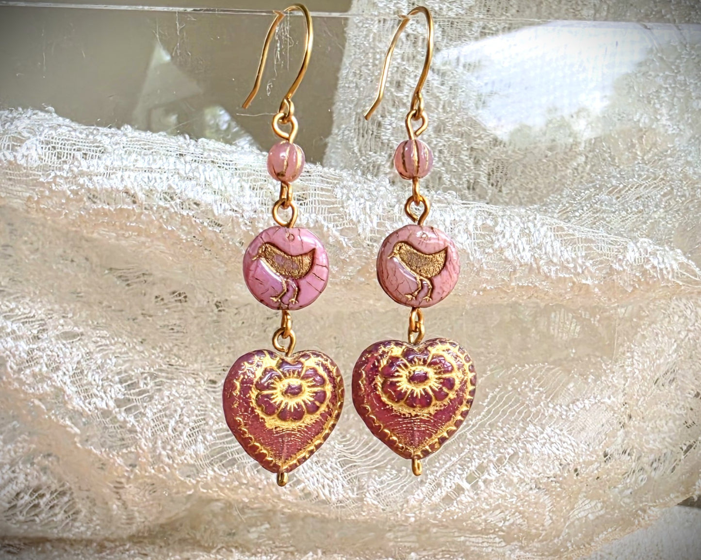 Long Pink Heart Rose Sparrow Earrings