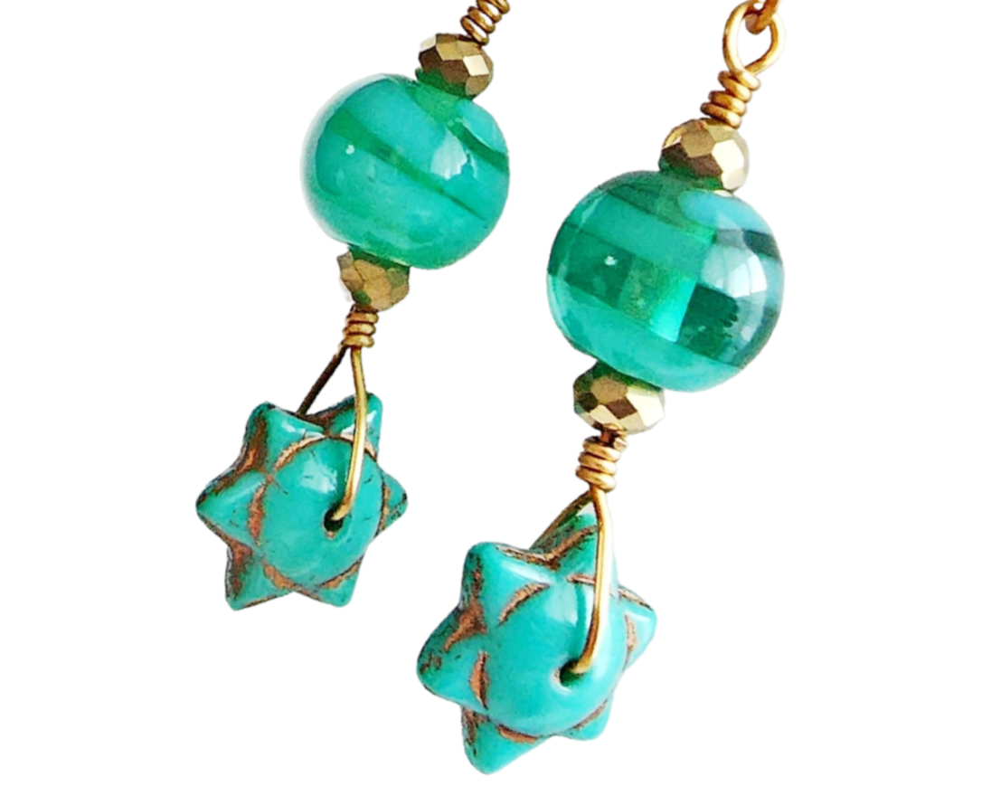 Handmade Turquoise Star beaded Wire Wrapped long dangle earring with gold wire and sparkly gold beads on french hooks with white background 