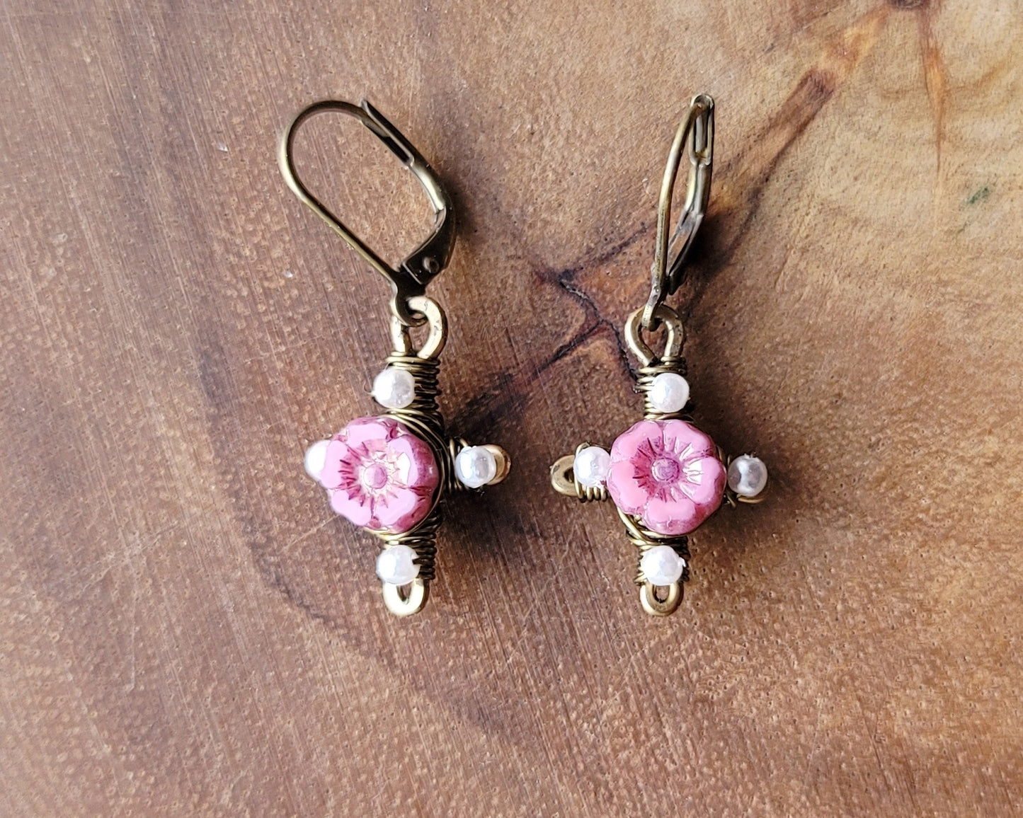 Antique Style Pink Flower Cross Earrings