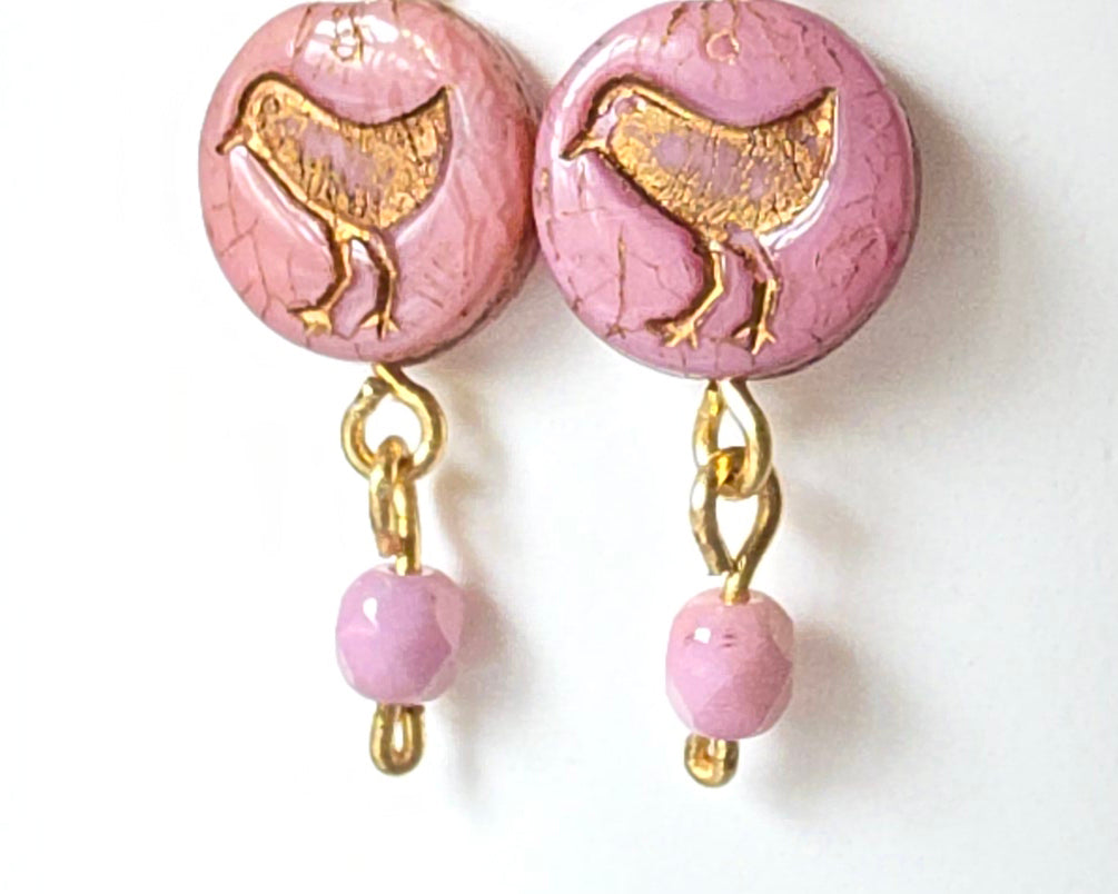 Rose Pink Gold Dangle Earrings with Sparrow Bird on white  background 
