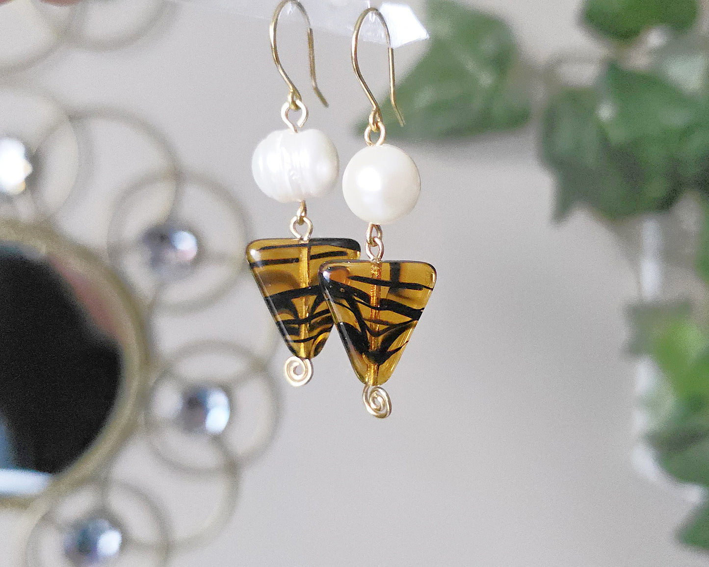 Large Freshwater Cultured Pearl Tortoise Shell Dangle Earrings