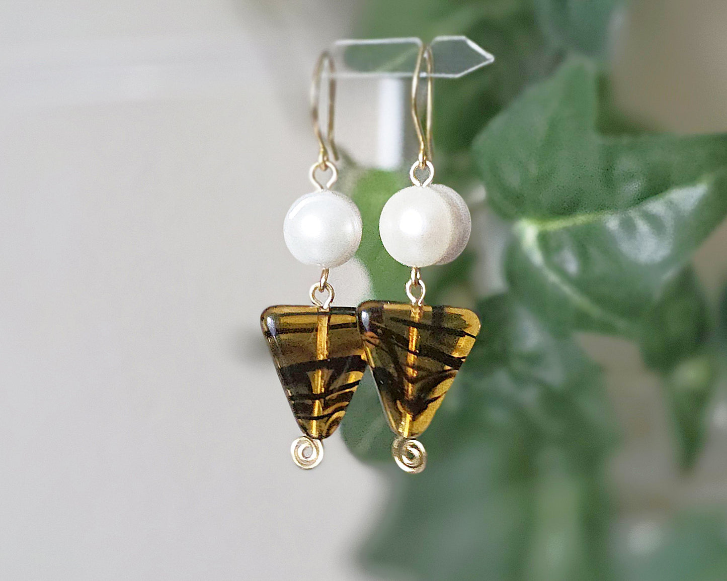 Large Freshwater Cultured Pearl Tortoise Shell Dangle Earrings