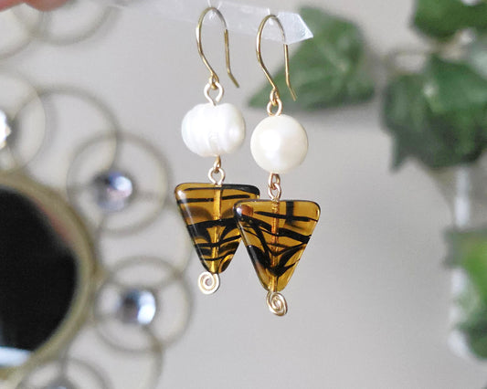 Large Freshwater Cultured Pearl Tortoise Shell Dangle Earrings