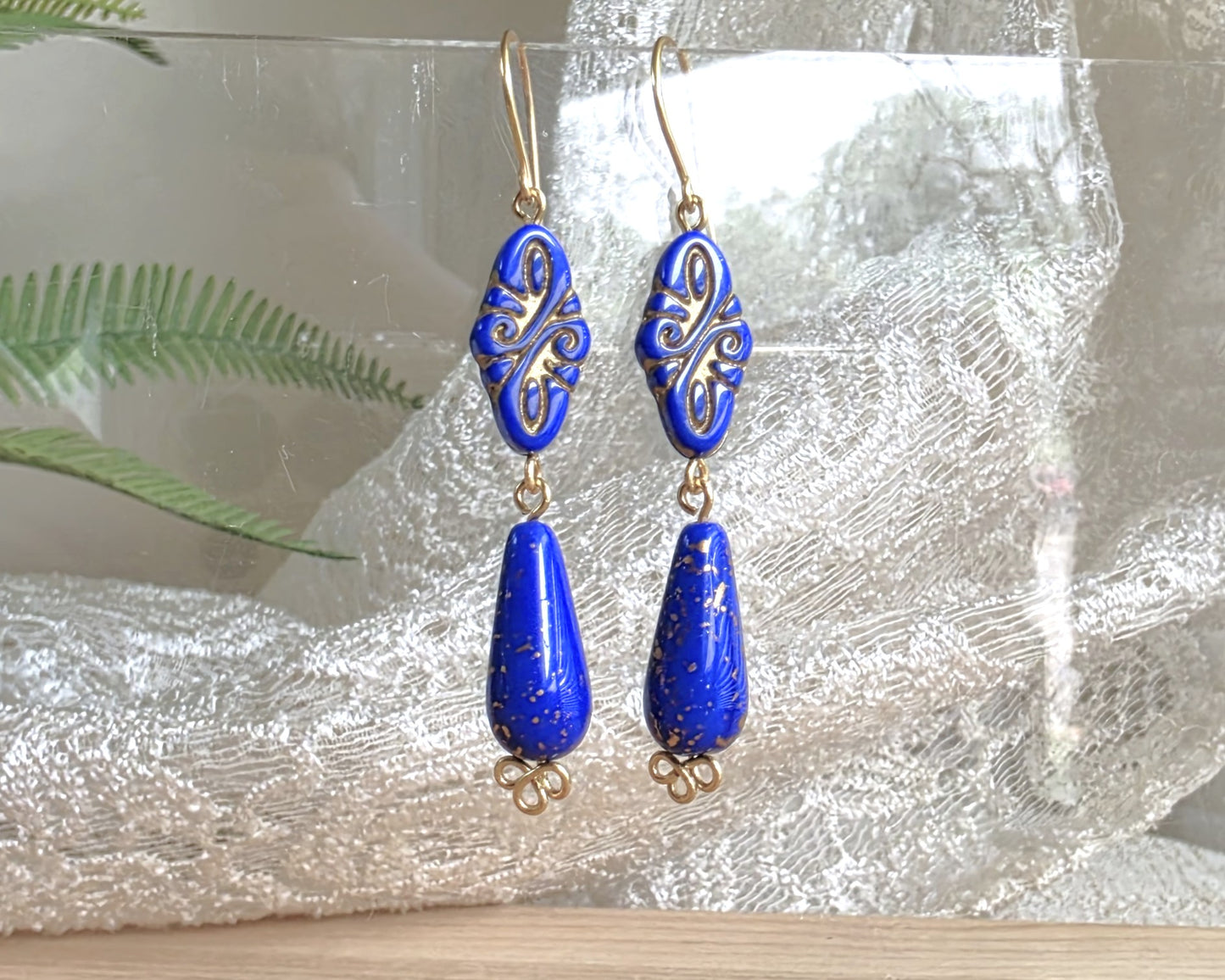 Long Vintage Style Golden Blue Lapis Glass Dangle Earrings-Brass
