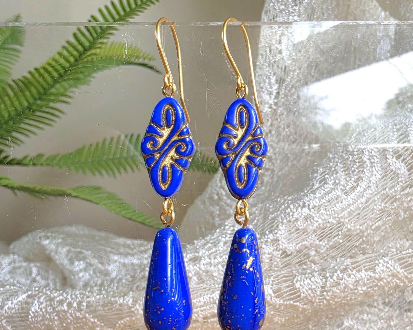 Long Vintage Style Golden Blue Lapis Glass Dangle Earrings-Brass
