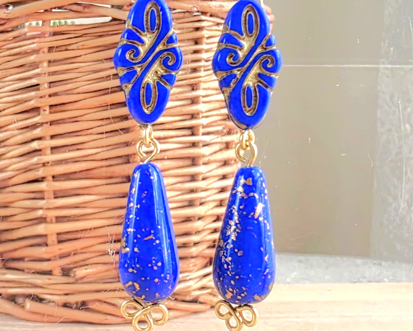 Long Vintage Style Golden Blue Lapis Glass Dangle Earrings-Brass