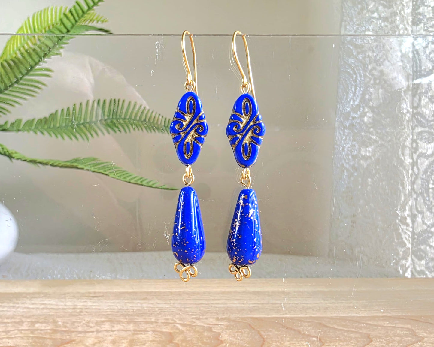 Long Vintage Style Golden Blue Lapis Glass Dangle Earrings-Brass