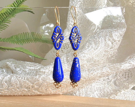 Long Vintage Style Golden Blue Lapis Glass Dangle Earrings-Brass